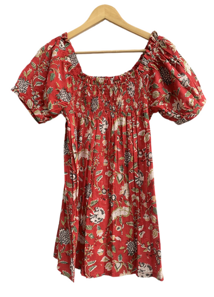 Rust Red Floral Cotton Pajama Set for Women, Smocked Square Neck Puff Sleeve Top with Matching Shorts