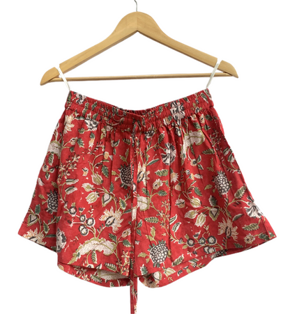 Rust Red Floral Cotton Pajama Set for Women, Smocked Square Neck Puff Sleeve Top with Matching Shorts