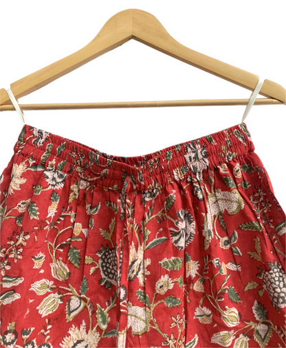 Rust Red Floral Cotton Pajama Set for Women, Smocked Square Neck Puff Sleeve Top with Matching Shorts