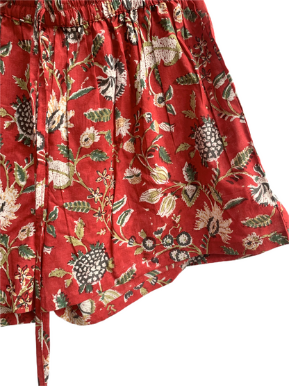 Rust Red Floral Cotton Pajama Set for Women, Smocked Square Neck Puff Sleeve Top with Matching Shorts