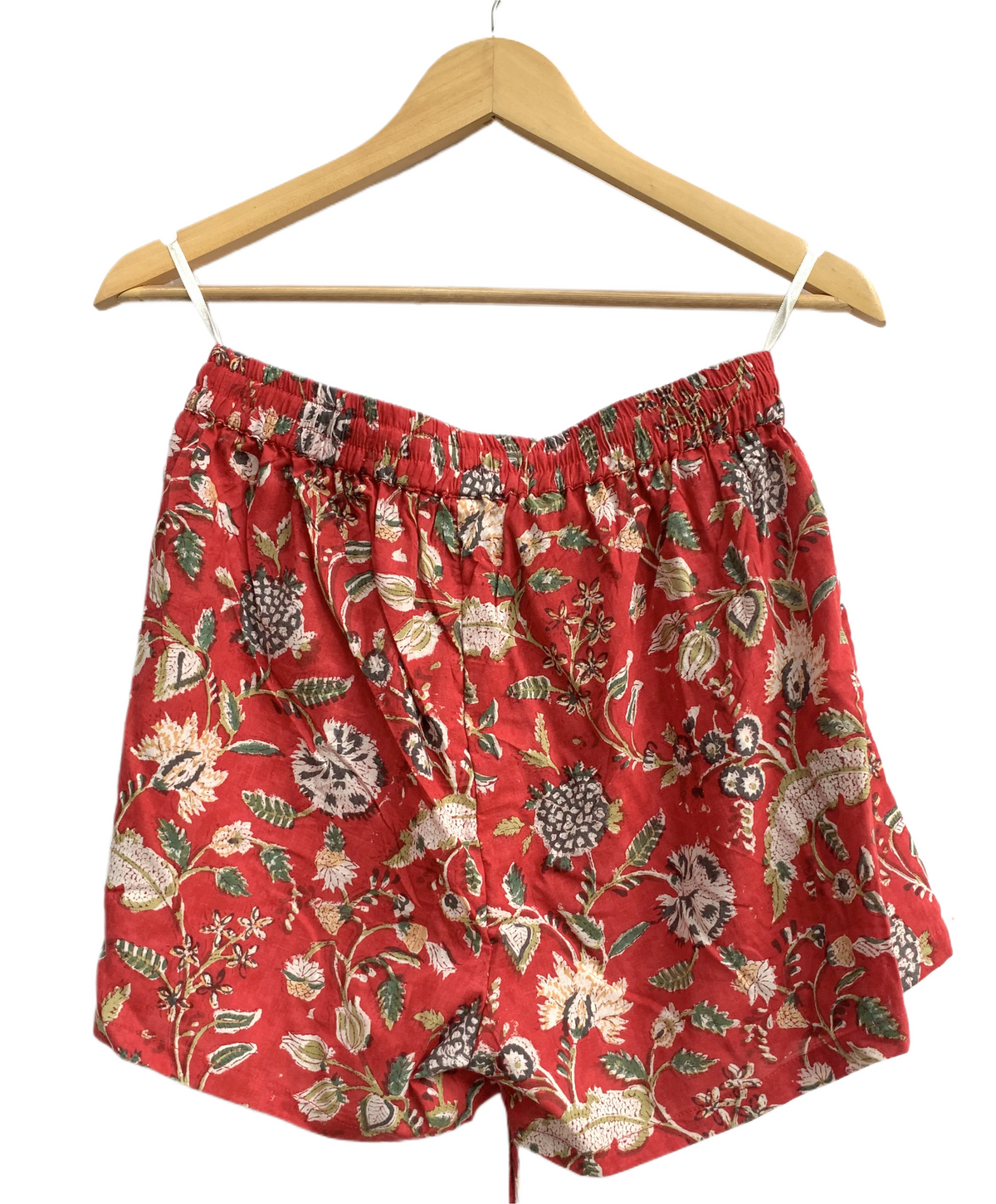 Rust Red Floral Cotton Pajama Set for Women, Smocked Square Neck Puff Sleeve Top with Matching Shorts