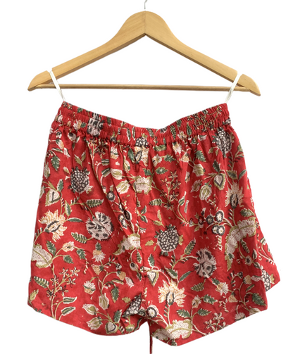 Rust Red Floral Cotton Pajama Set for Women, Smocked Square Neck Puff Sleeve Top with Matching Shorts