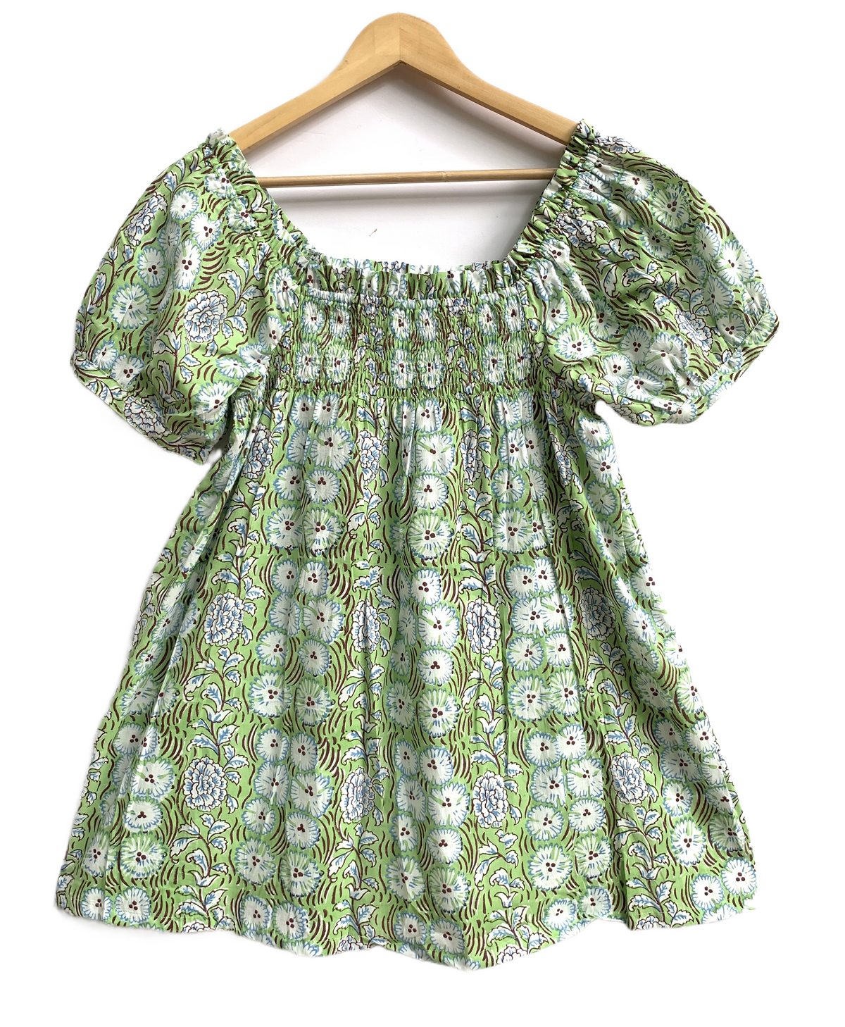 Green Floral Cotton Pajama Set for Women, Smocked Square Neck Puff Sleeve Top with Matching Shorts