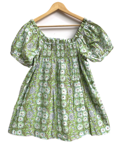 Green Floral Cotton Pajama Set for Women, Smocked Square Neck Puff Sleeve Top with Matching Shorts