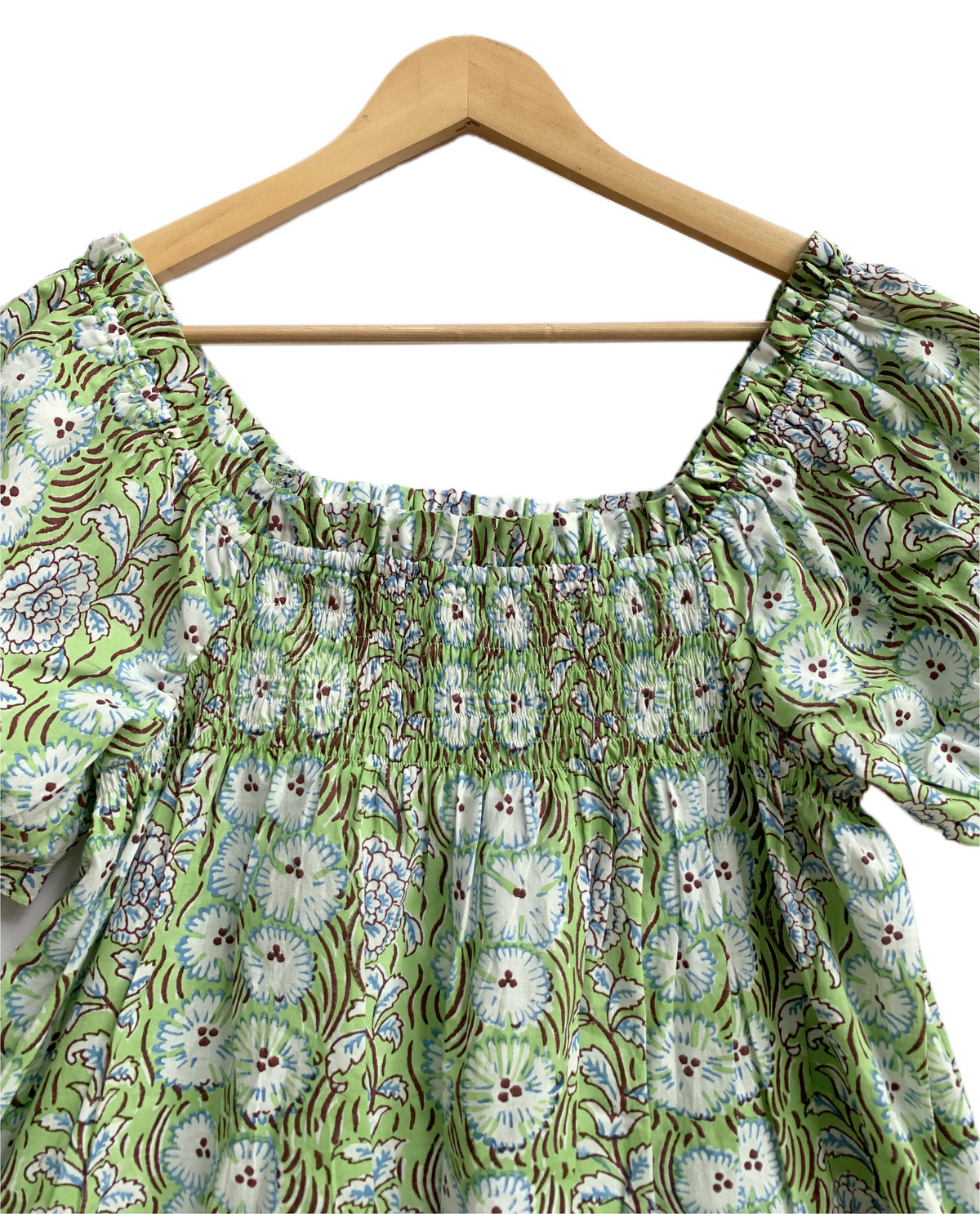 Green Floral Cotton Pajama Set for Women, Smocked Square Neck Puff Sleeve Top with Matching Shorts