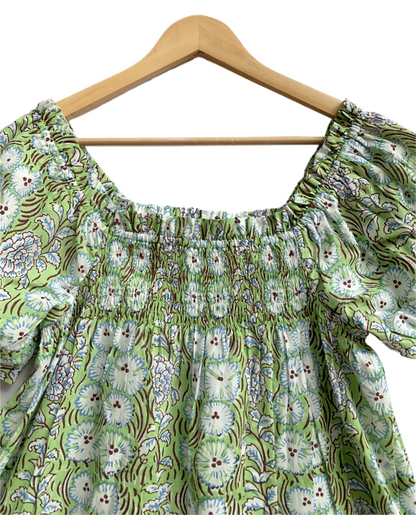 Green Floral Cotton Pajama Set for Women, Smocked Square Neck Puff Sleeve Top with Matching Shorts