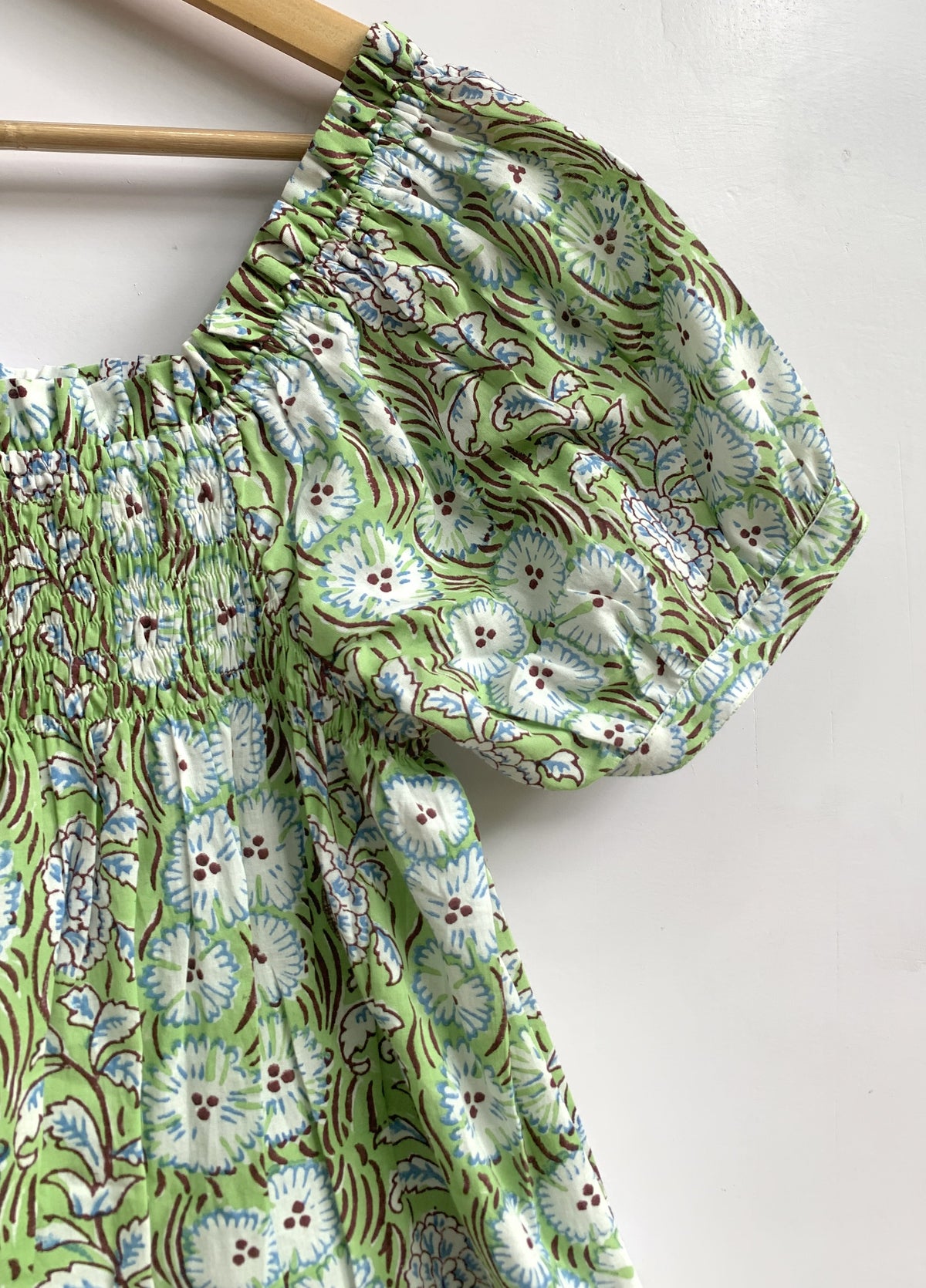 Green Floral Cotton Pajama Set for Women, Smocked Square Neck Puff Sleeve Top with Matching Shorts