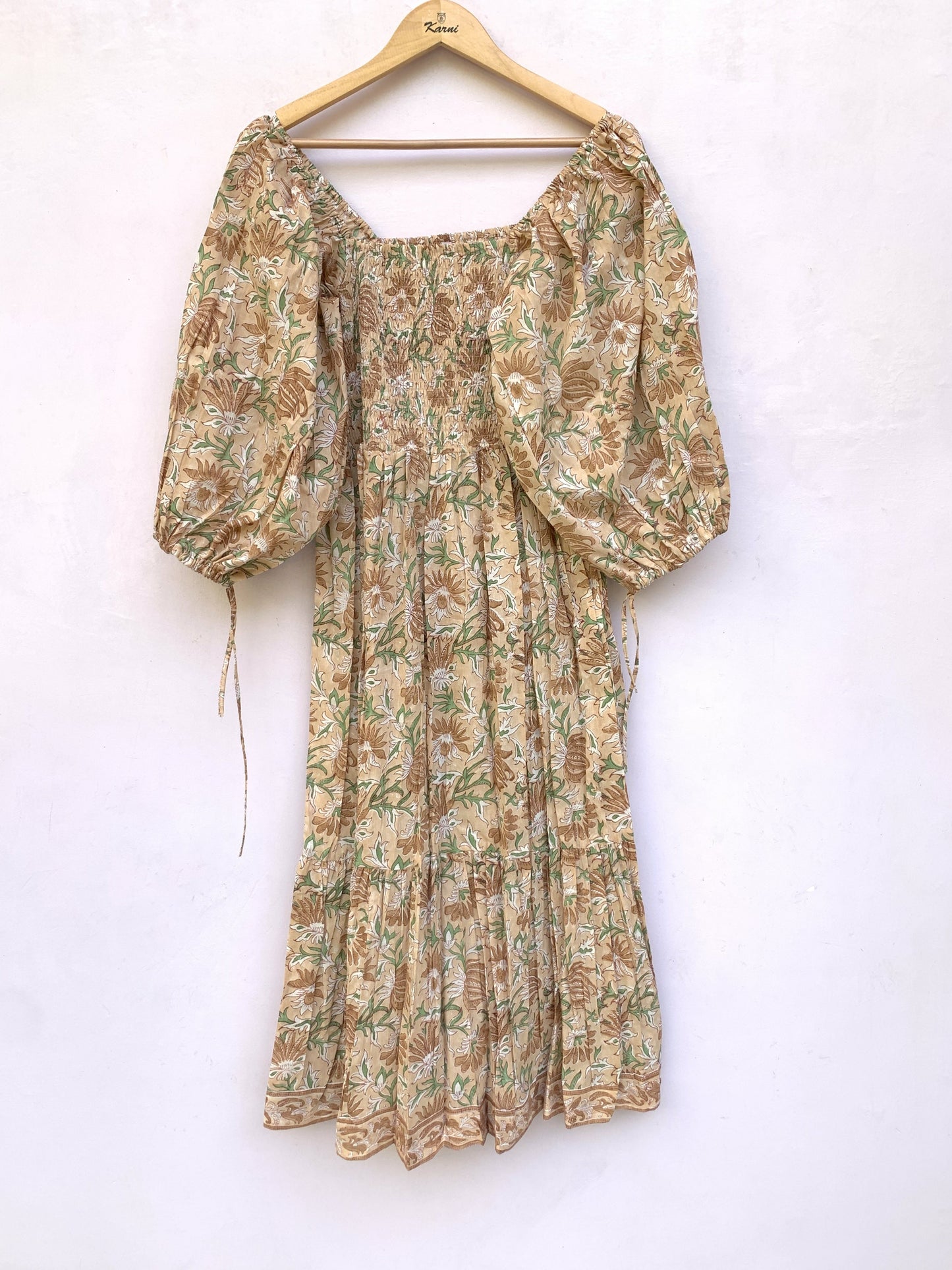 Beige Floral Hand Block Printed Cotton Midi Dress – Smocked Bodice Puff Sleeve Boho Dress
