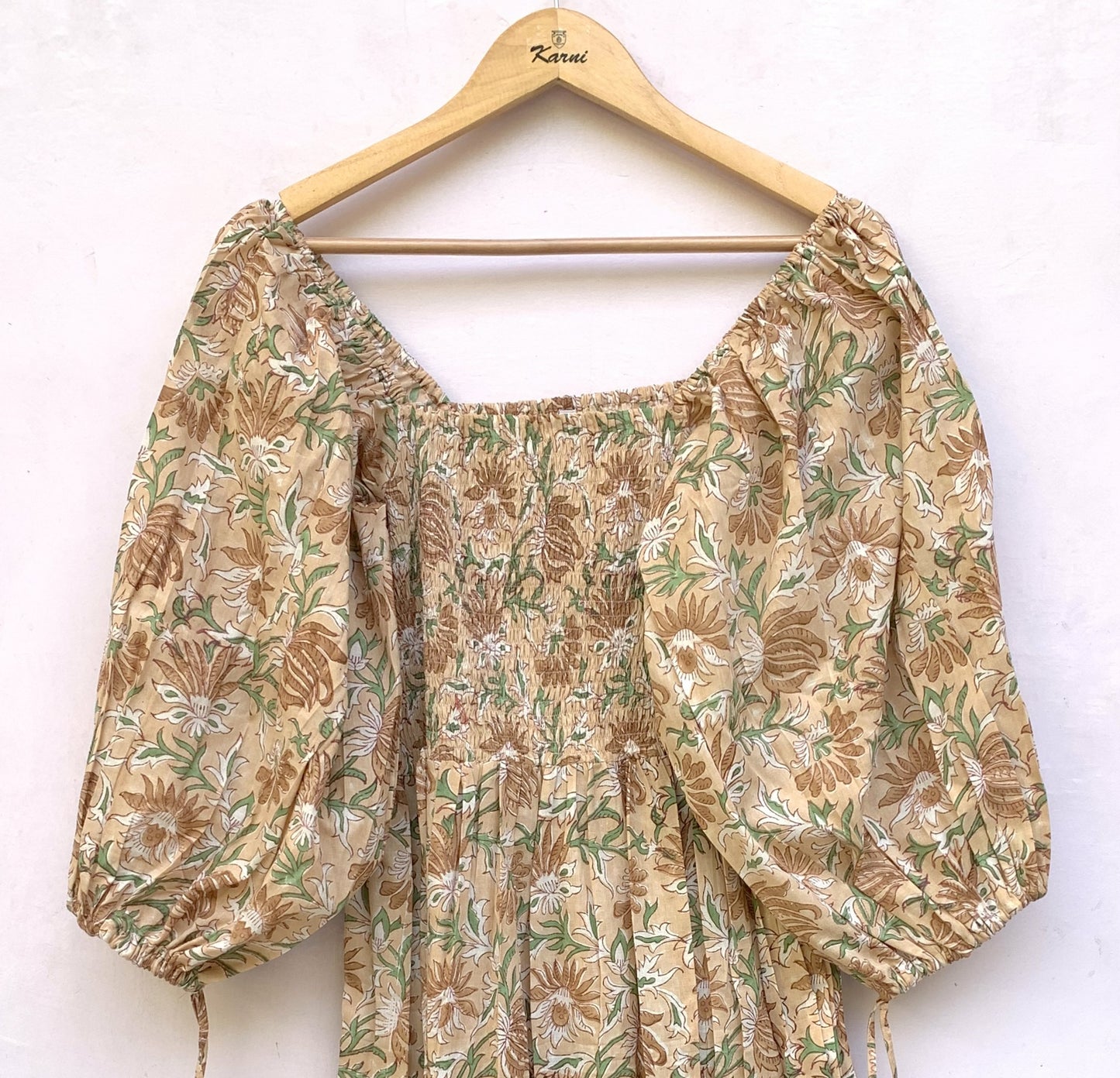 Beige Floral Hand Block Printed Cotton Midi Dress – Smocked Bodice Puff Sleeve Boho Dress