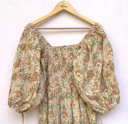 Beige Floral Hand Block Printed Cotton Midi Dress – Smocked Bodice Puff Sleeve Boho Dress