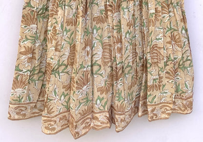 Beige Floral Hand Block Printed Cotton Midi Dress – Smocked Bodice Puff Sleeve Boho Dress