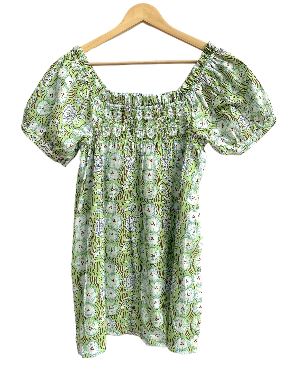 Green Floral Cotton Pajama Set for Women, Smocked Square Neck Puff Sleeve Top with Matching Shorts