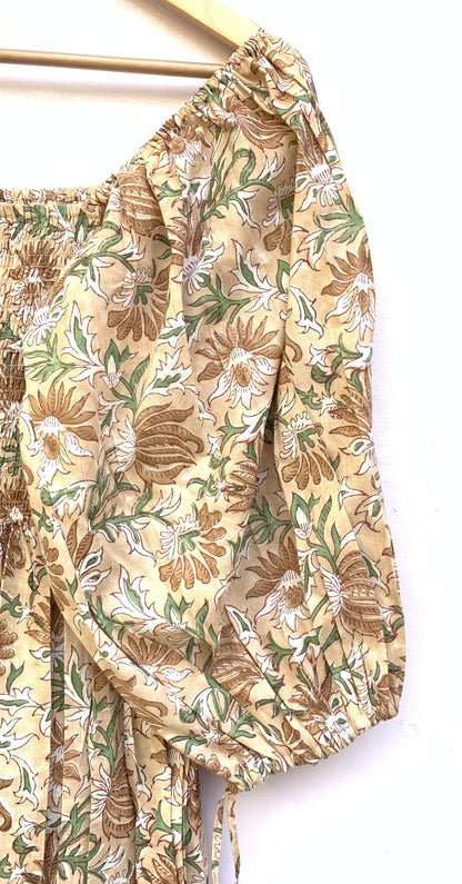 Beige Floral Hand Block Printed Cotton Midi Dress – Smocked Bodice Puff Sleeve Boho Dress