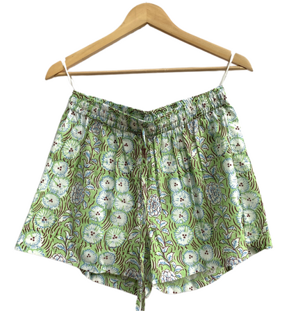 Green Floral Cotton Pajama Set for Women, Smocked Square Neck Puff Sleeve Top with Matching Shorts