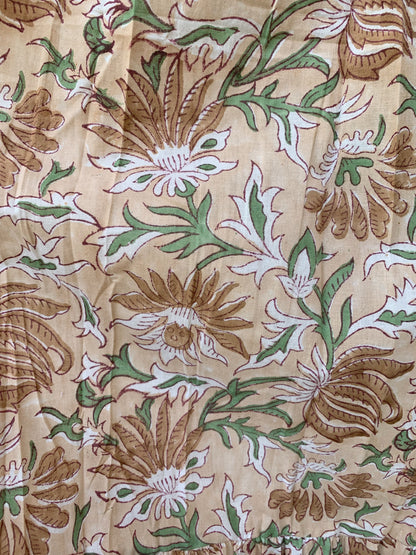 Beige Floral Hand Block Printed Cotton Midi Dress – Smocked Bodice Puff Sleeve Boho Dress