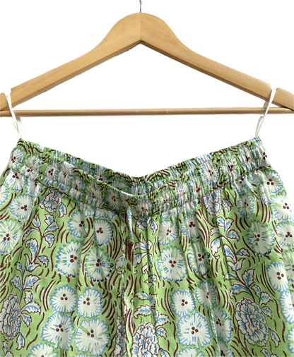 Green Floral Cotton Pajama Set for Women, Smocked Square Neck Puff Sleeve Top with Matching Shorts