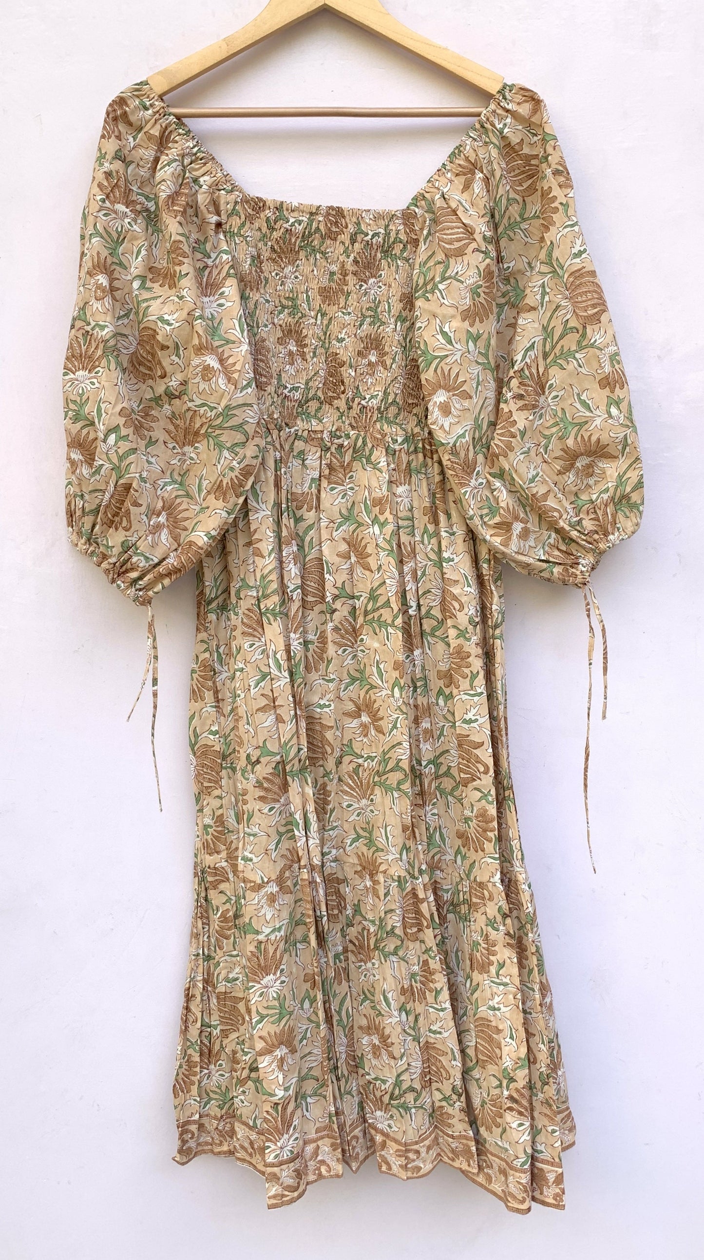 Beige Floral Hand Block Printed Cotton Midi Dress – Smocked Bodice Puff Sleeve Boho Dress