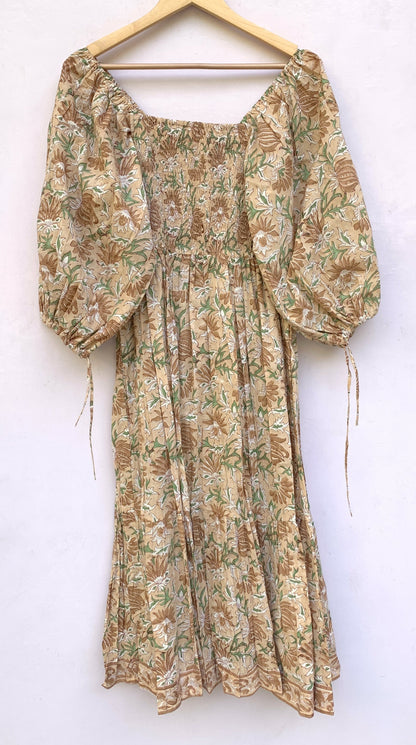 Beige Floral Hand Block Printed Cotton Midi Dress – Smocked Bodice Puff Sleeve Boho Dress