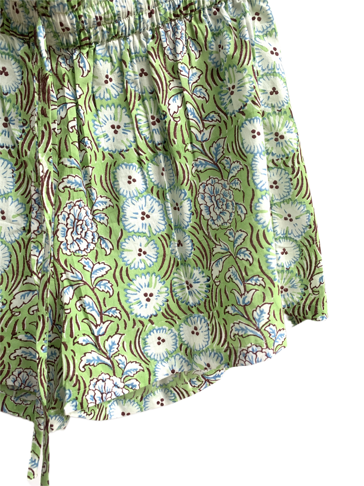 Green Floral Cotton Pajama Set for Women, Smocked Square Neck Puff Sleeve Top with Matching Shorts