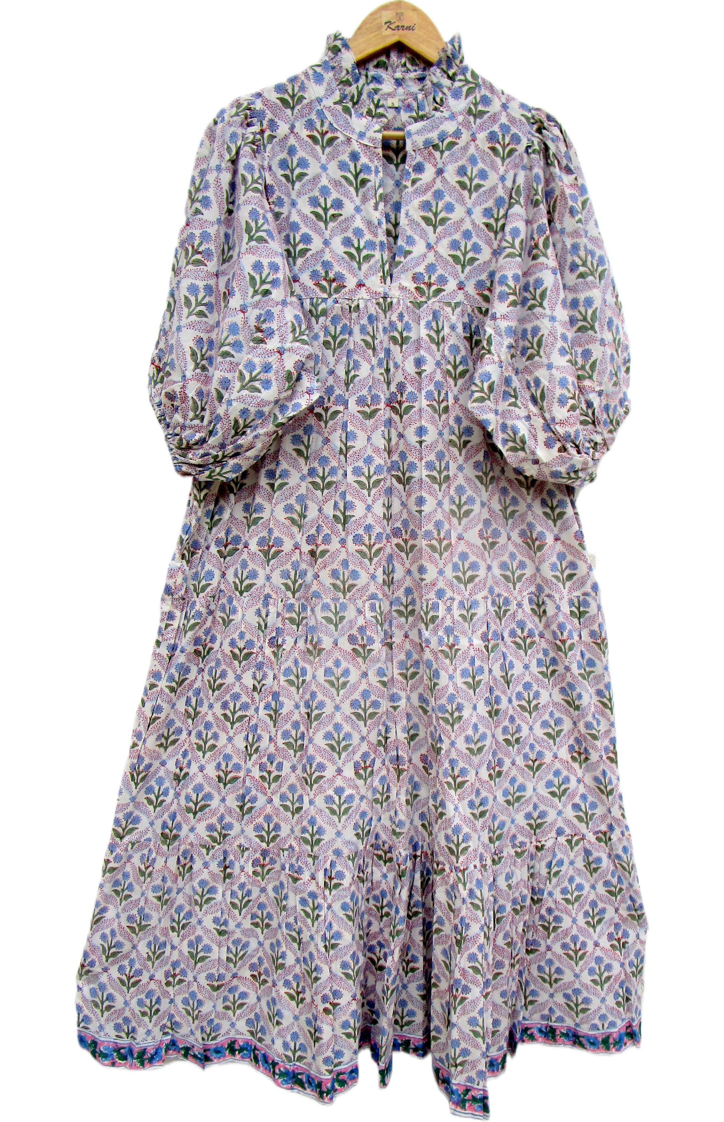 Cream Blue Floral Hand Block Print Cotton Maxi Dress – Puff Sleeve Tiered Summer Dress
