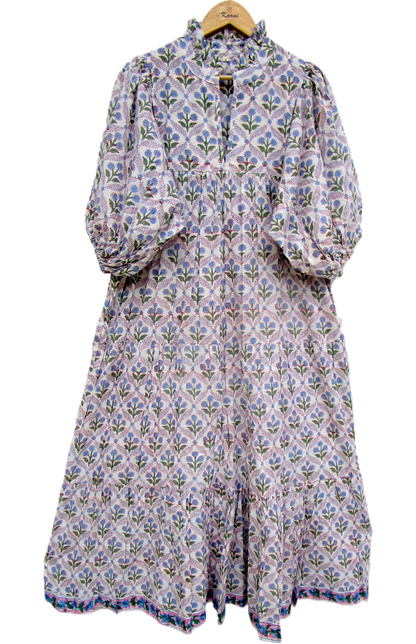 Cream Blue Floral Hand Block Print Cotton Maxi Dress – Puff Sleeve Tiered Summer Dress
