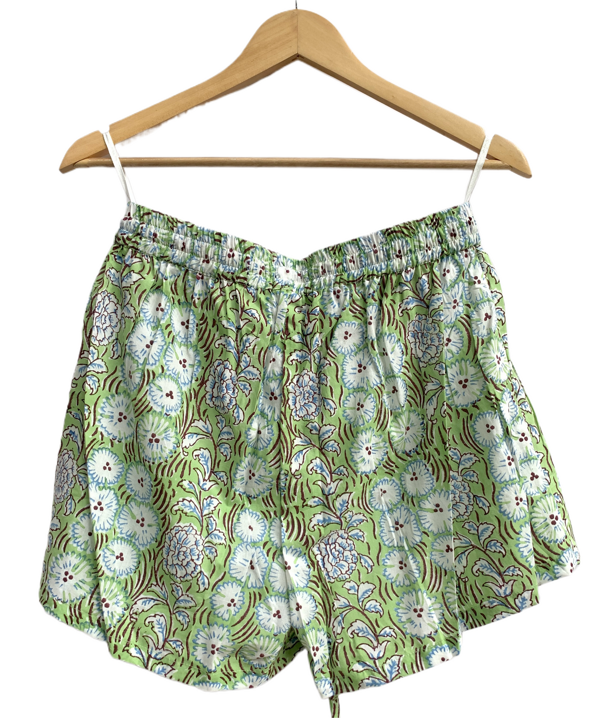Green Floral Cotton Pajama Set for Women, Smocked Square Neck Puff Sleeve Top with Matching Shorts