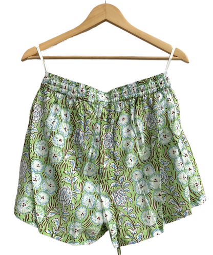 Green Floral Cotton Pajama Set for Women, Smocked Square Neck Puff Sleeve Top with Matching Shorts