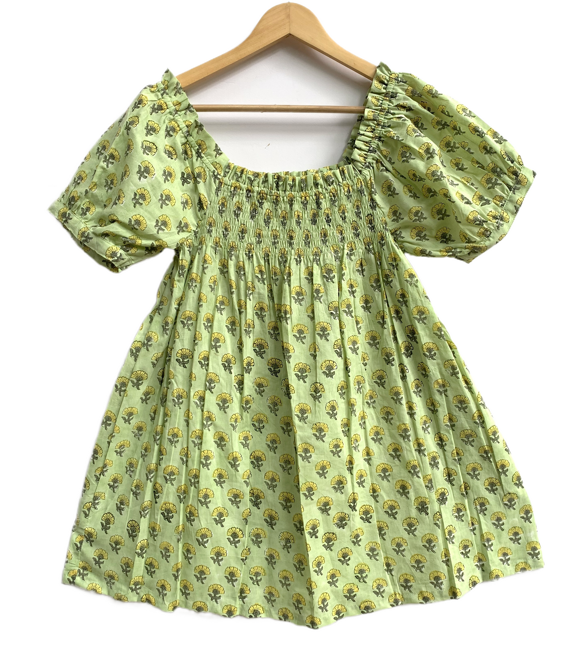 Lime Green Floral Cotton Pajama Set, Smocked Square Neck Puff Sleeve Top and Matching Shorts