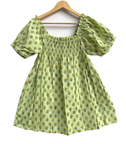 Lime Green Floral Cotton Pajama Set, Smocked Square Neck Puff Sleeve Top and Matching Shorts