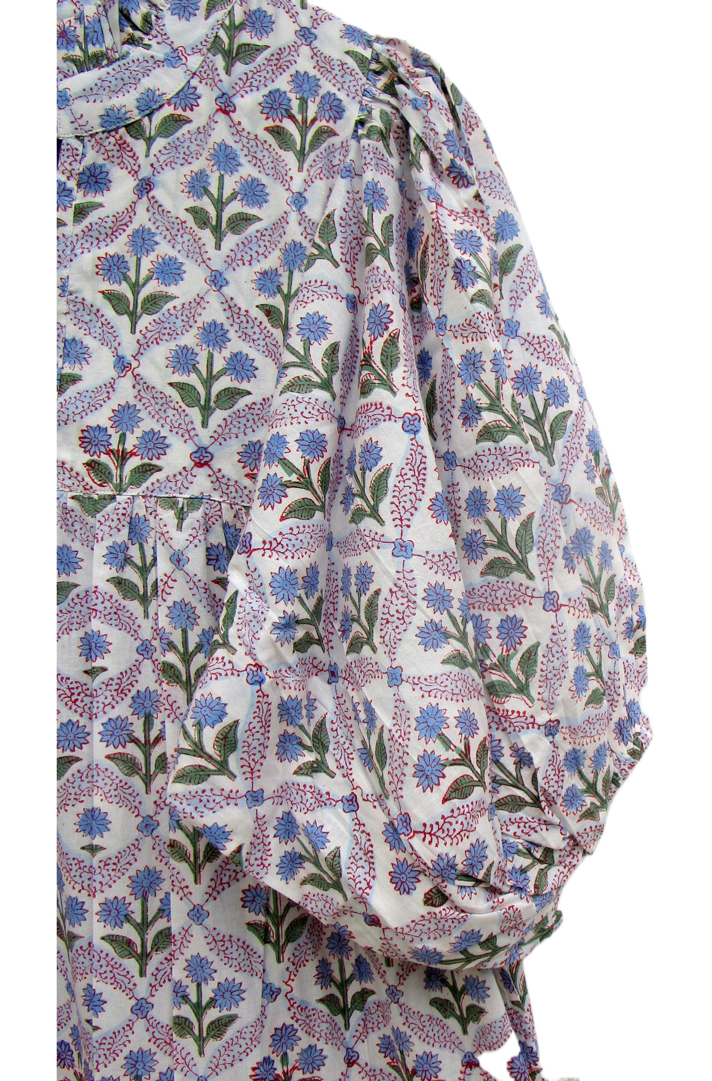 Cream Blue Floral Hand Block Print Cotton Maxi Dress – Puff Sleeve Tiered Summer Dress