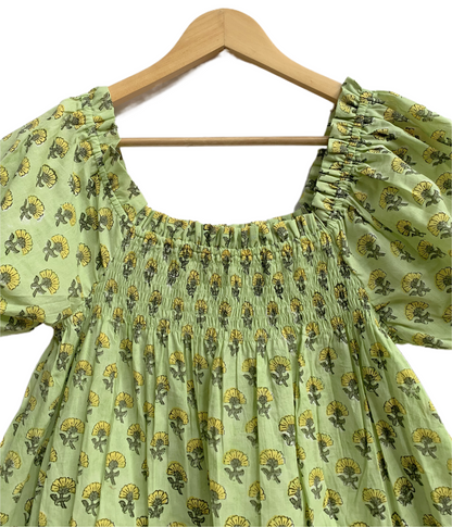 Lime Green Floral Cotton Pajama Set, Smocked Square Neck Puff Sleeve Top and Matching Shorts