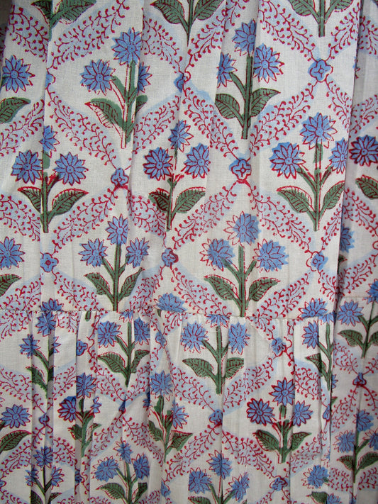 Cream Blue Floral Hand Block Print Cotton Maxi Dress – Puff Sleeve Tiered Summer Dress