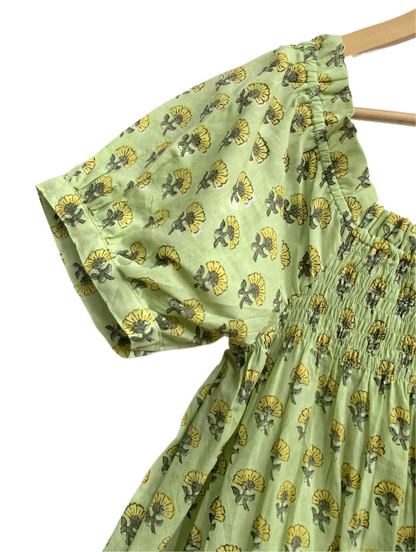 Lime Green Floral Cotton Pajama Set, Smocked Square Neck Puff Sleeve Top and Matching Shorts