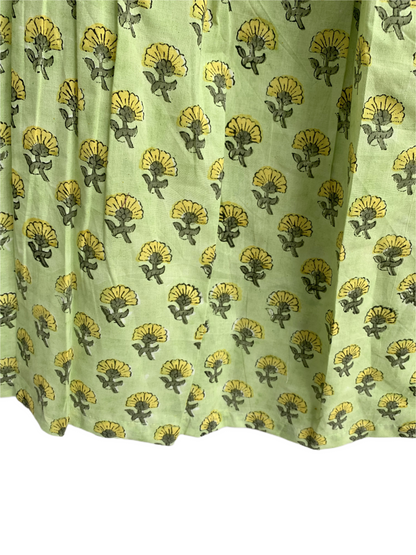 Lime Green Floral Cotton Pajama Set, Smocked Square Neck Puff Sleeve Top and Matching Shorts