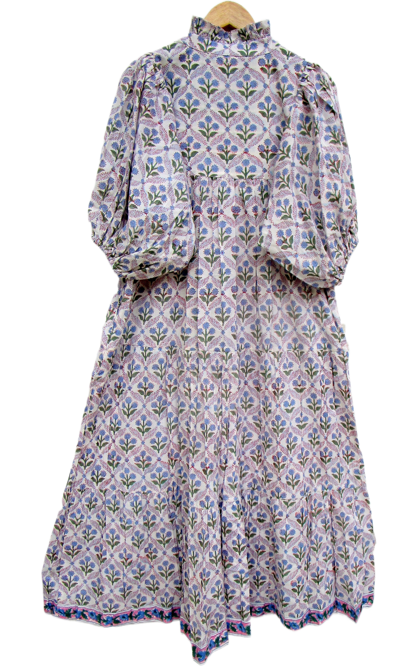Cream Blue Floral Hand Block Print Cotton Maxi Dress – Puff Sleeve Tiered Summer Dress