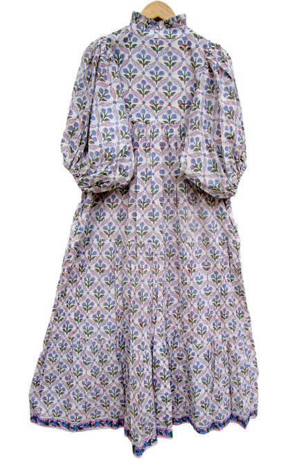 Cream Blue Floral Hand Block Print Cotton Maxi Dress – Puff Sleeve Tiered Summer Dress