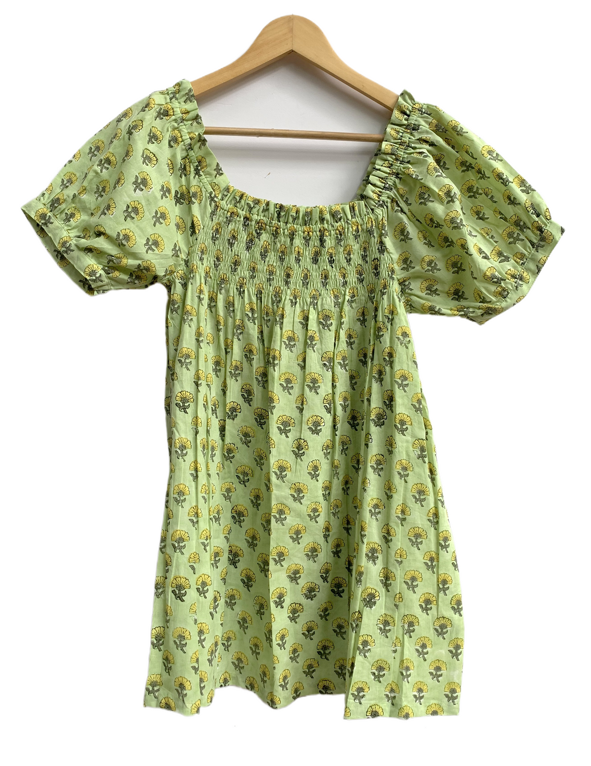 Lime Green Floral Cotton Pajama Set, Smocked Square Neck Puff Sleeve Top and Matching Shorts