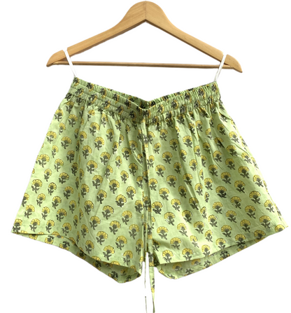 Lime Green Floral Cotton Pajama Set, Smocked Square Neck Puff Sleeve Top and Matching Shorts