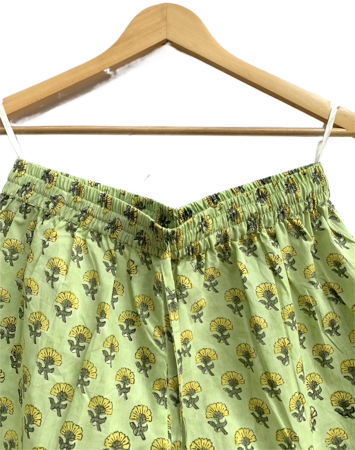Lime Green Floral Cotton Pajama Set, Smocked Square Neck Puff Sleeve Top and Matching Shorts