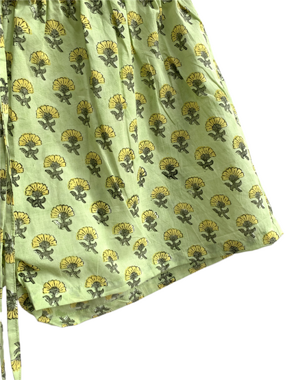 Lime Green Floral Cotton Pajama Set, Smocked Square Neck Puff Sleeve Top and Matching Shorts