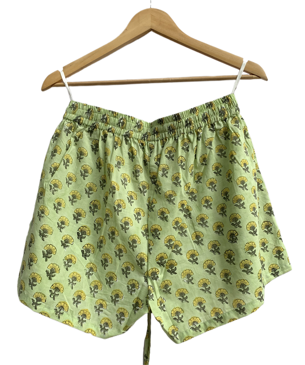 Lime Green Floral Cotton Pajama Set, Smocked Square Neck Puff Sleeve Top and Matching Shorts