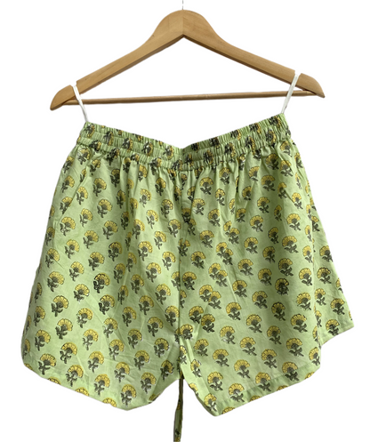 Lime Green Floral Cotton Pajama Set, Smocked Square Neck Puff Sleeve Top and Matching Shorts