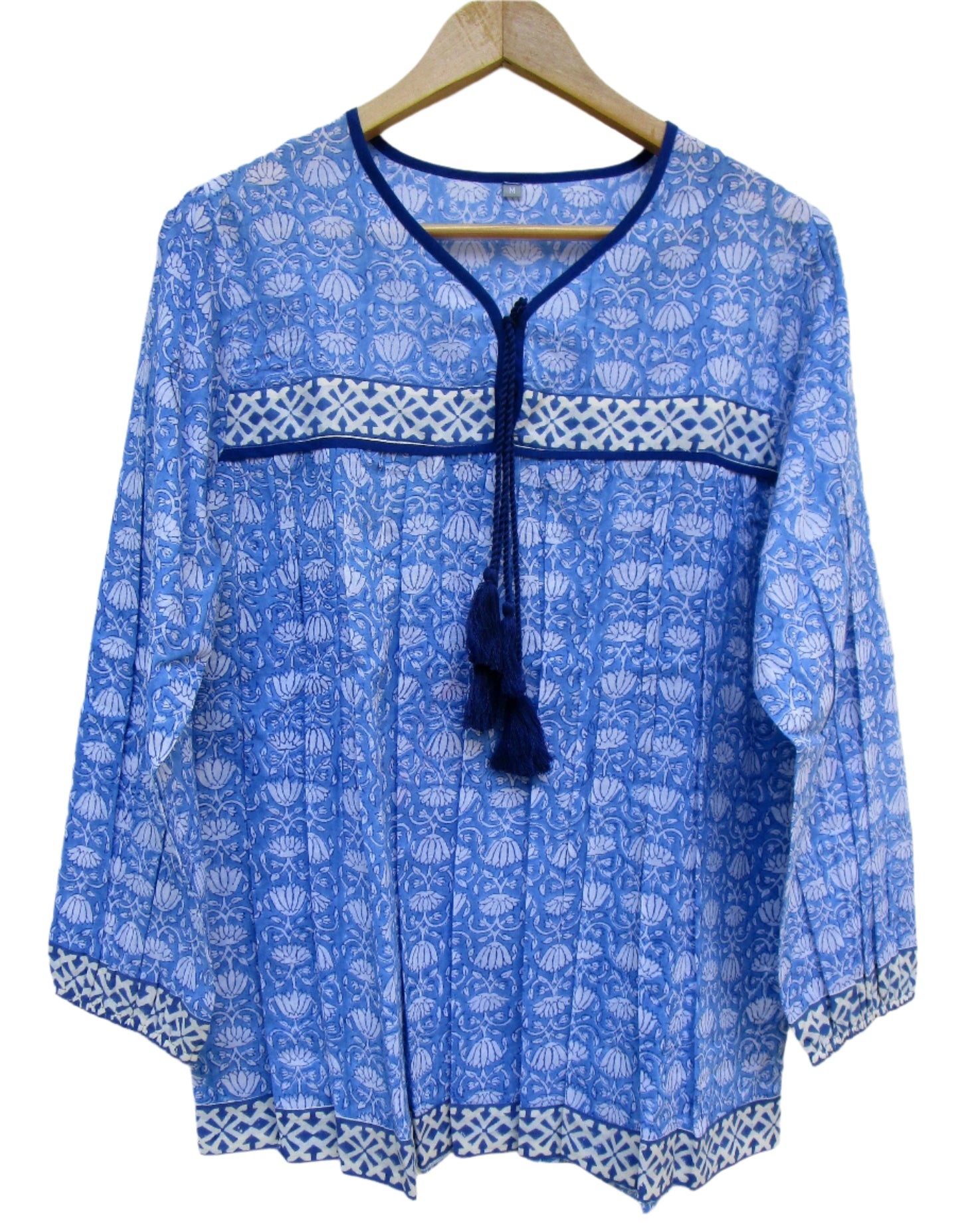 beautiful blue lotus print womens blouse with tassels