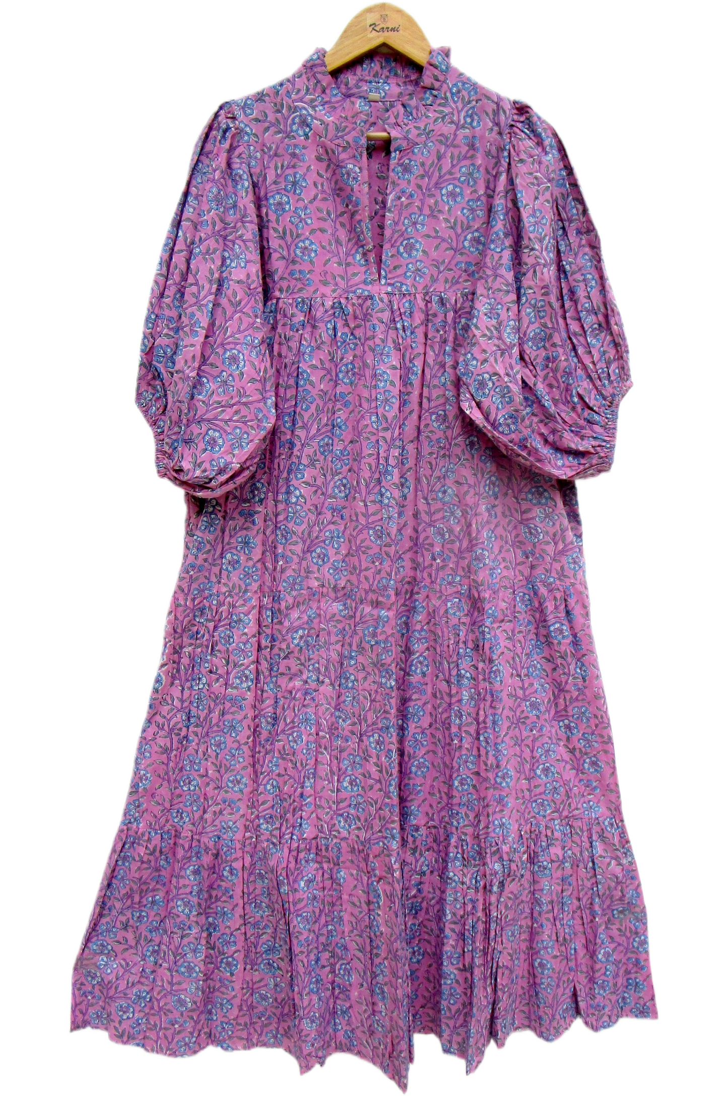 Rose Pink Blue Floral Hand Block Print Cotton Maxi Dress – Boho Tiered Summer Style