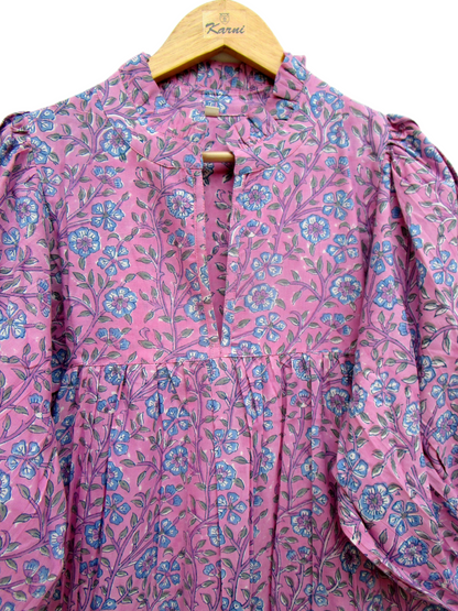 Rose Pink Blue Floral Hand Block Print Cotton Maxi Dress – Boho Tiered Summer Style