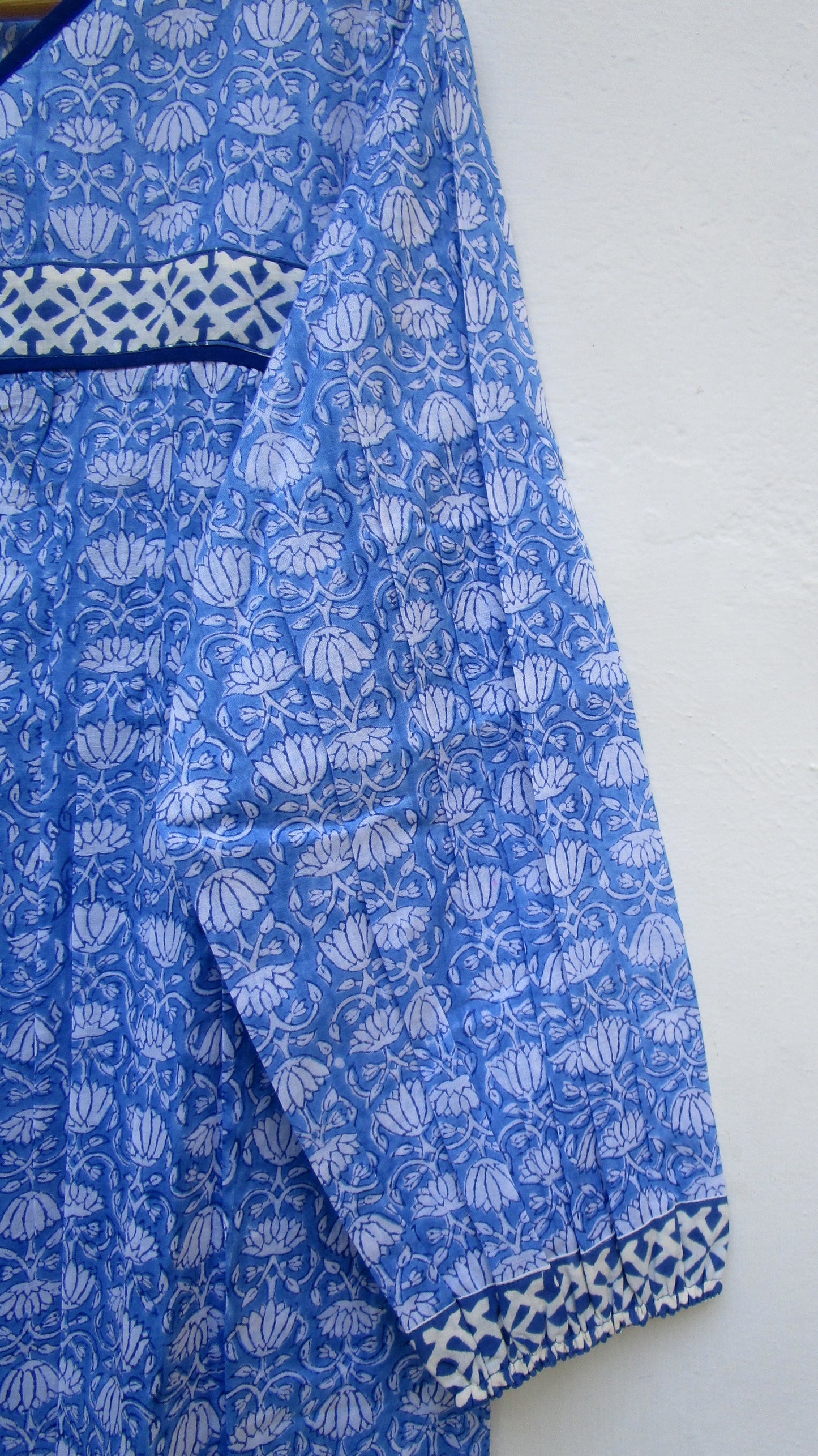 beautiful blue lotus print womens blouse with tassels