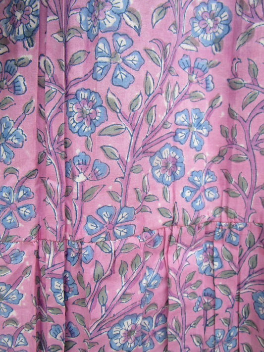 Rose Pink Blue Floral Hand Block Print Cotton Maxi Dress – Boho Tiered Summer Style
