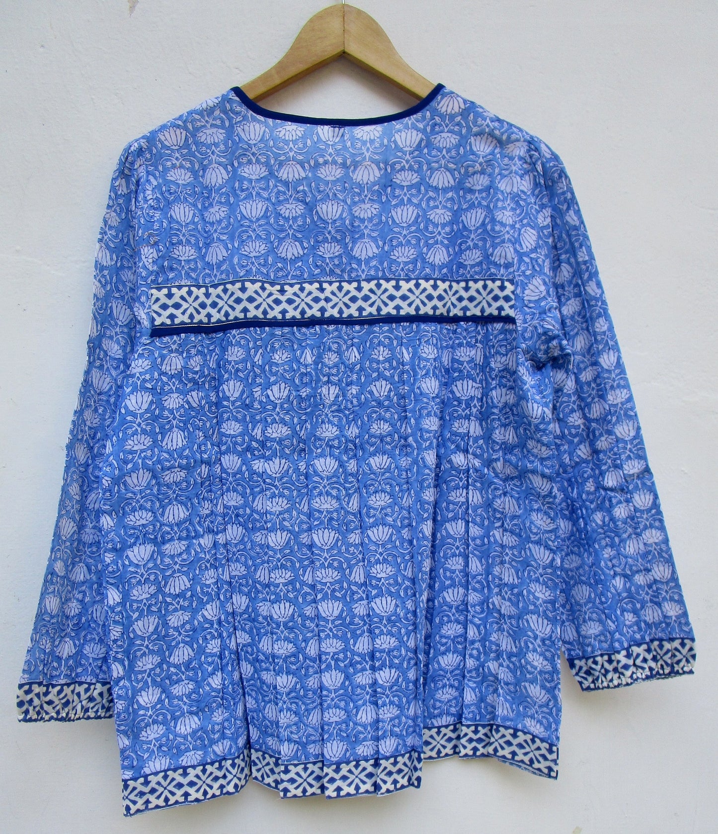 beautiful blue lotus print womens blouse with tassels