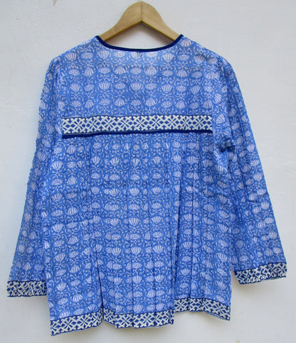 beautiful blue lotus print womens blouse with tassels