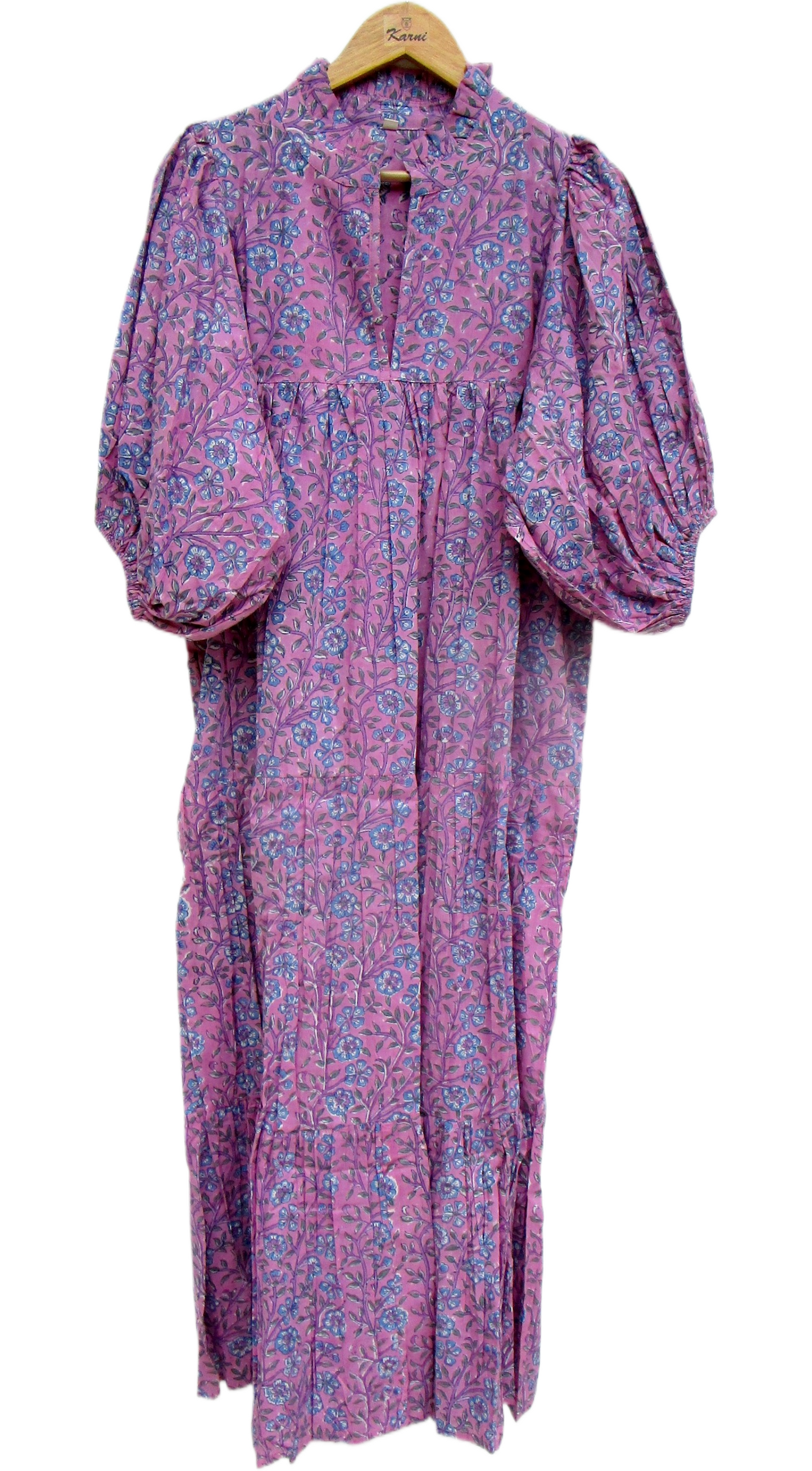 Rose Pink Blue Floral Hand Block Print Cotton Maxi Dress – Boho Tiered Summer Style